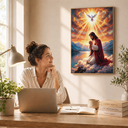 “Radiant Light Over Mountain Prayer Scene Wall Art Poster/Canvas