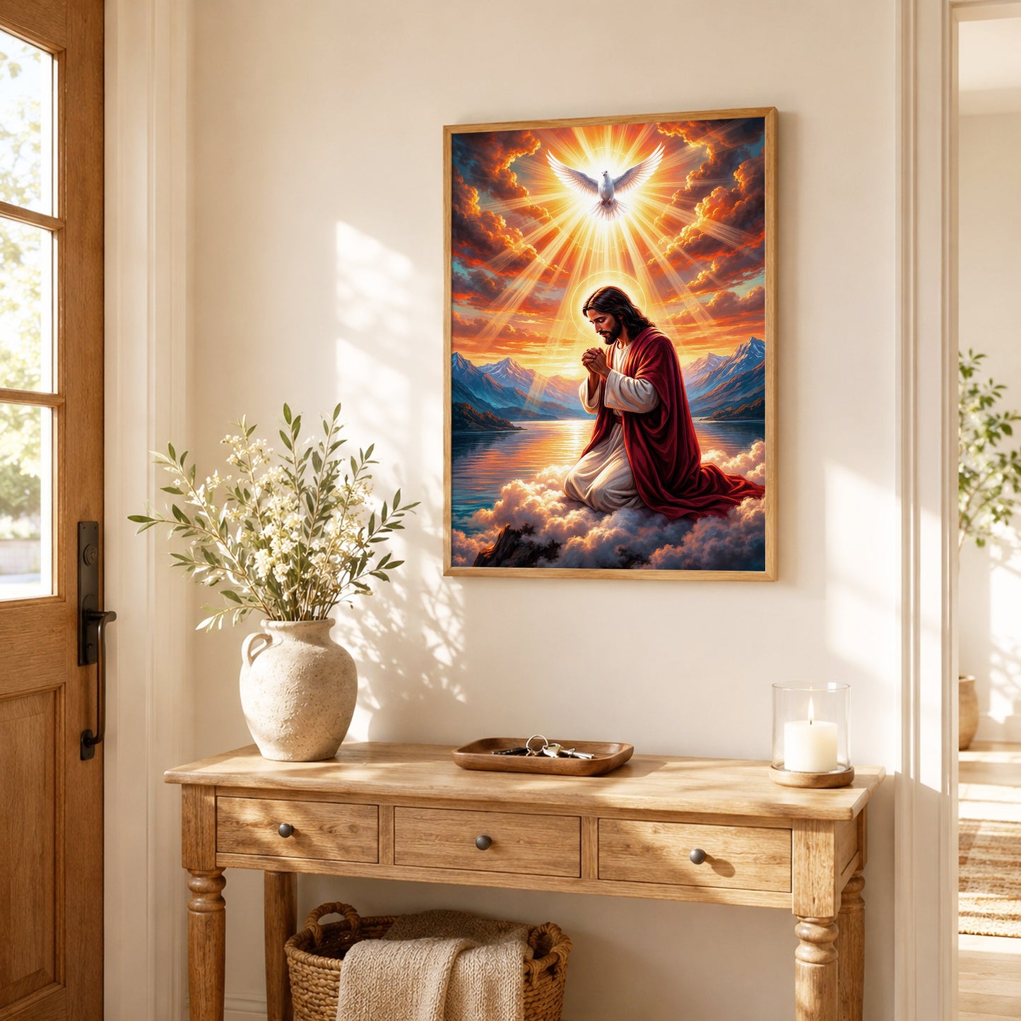 “Radiant Light Over Mountain Prayer Scene Wall Art Poster/Canvas
