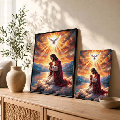 “Radiant Light Over Mountain Prayer Scene Wall Art Poster/Canvas