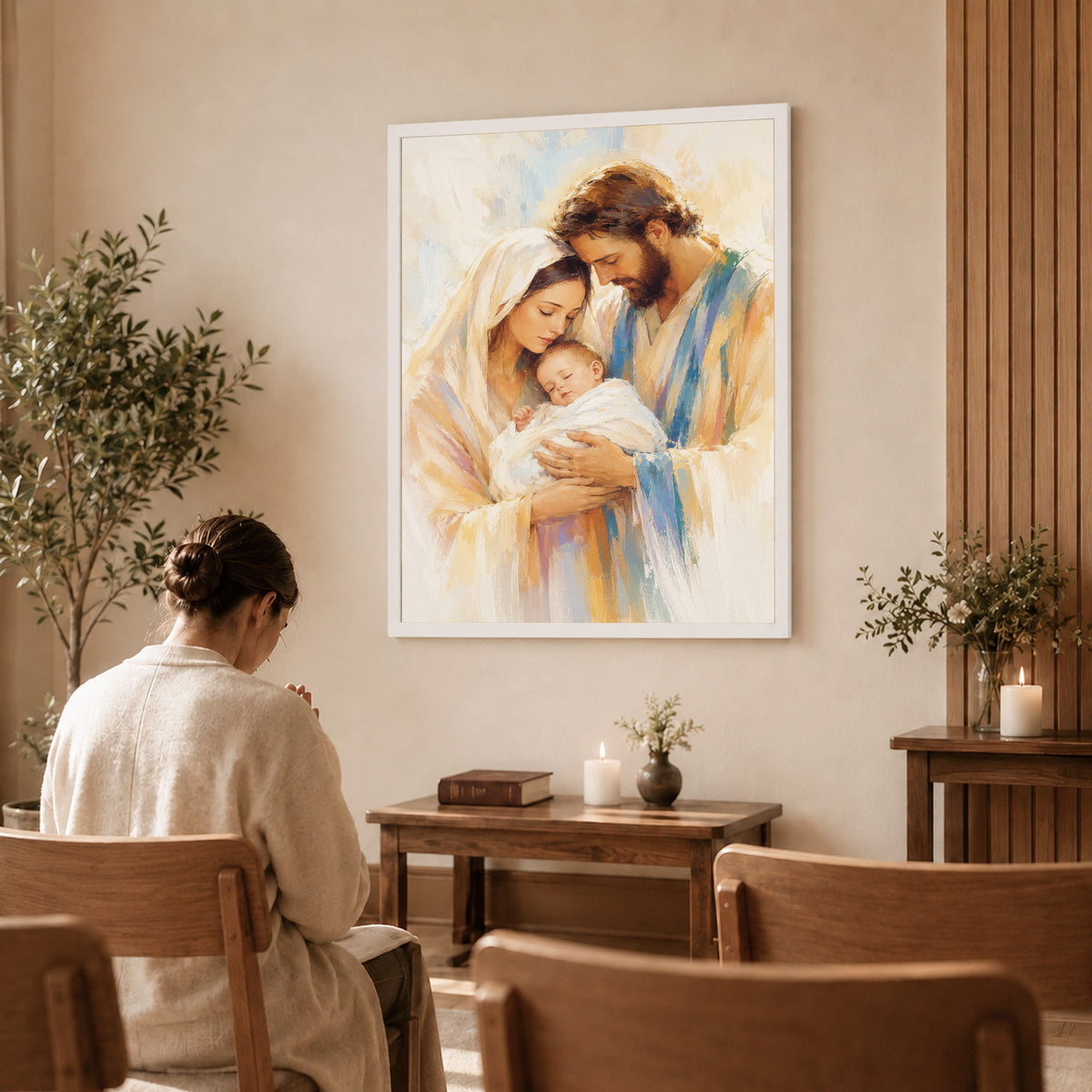 Holy Family with Infant Jesus Poster/Canvas – Soft Watercolor Christian Wall Art
