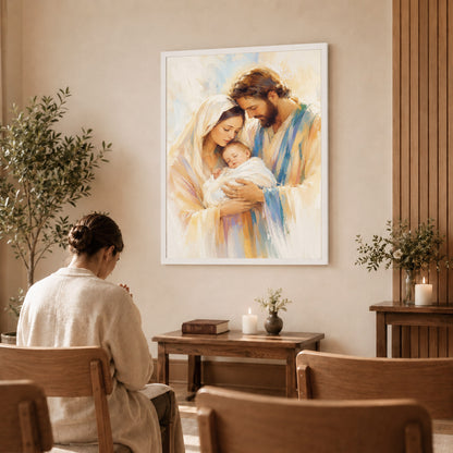 Holy Family with Infant Jesus Poster/Canvas – Soft Watercolor Christian Wall Art