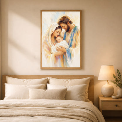 Holy Family with Infant Jesus Poster/Canvas – Soft Watercolor Christian Wall Art