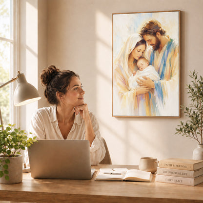 Holy Family with Infant Jesus Poster/Canvas – Soft Watercolor Christian Wall Art