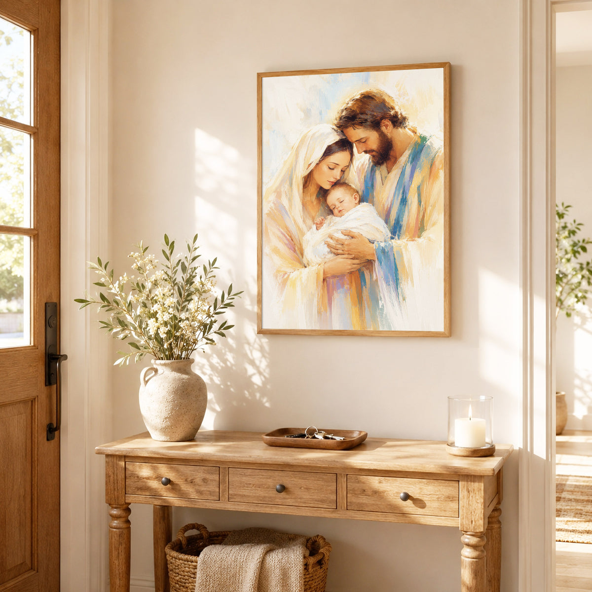 Holy Family with Infant Jesus Poster/Canvas – Soft Watercolor Christian Wall Art