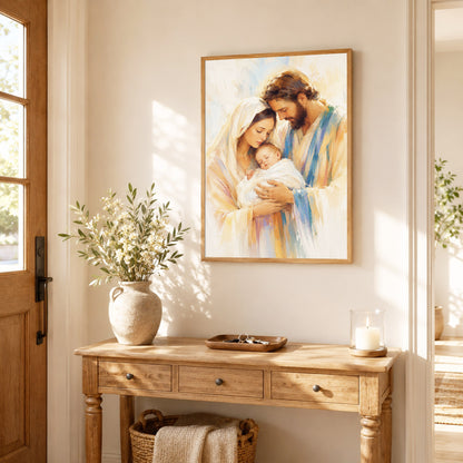 Holy Family with Infant Jesus Poster/Canvas – Soft Watercolor Christian Wall Art
