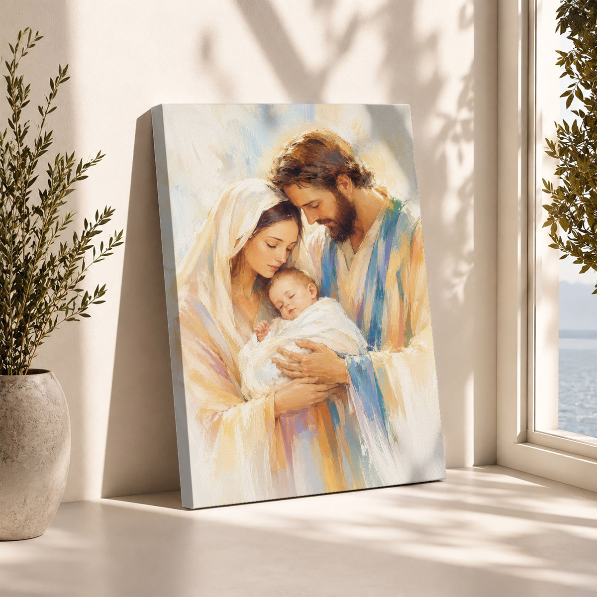 Holy Family with Infant Jesus Poster/Canvas – Soft Watercolor Christian Wall Art
