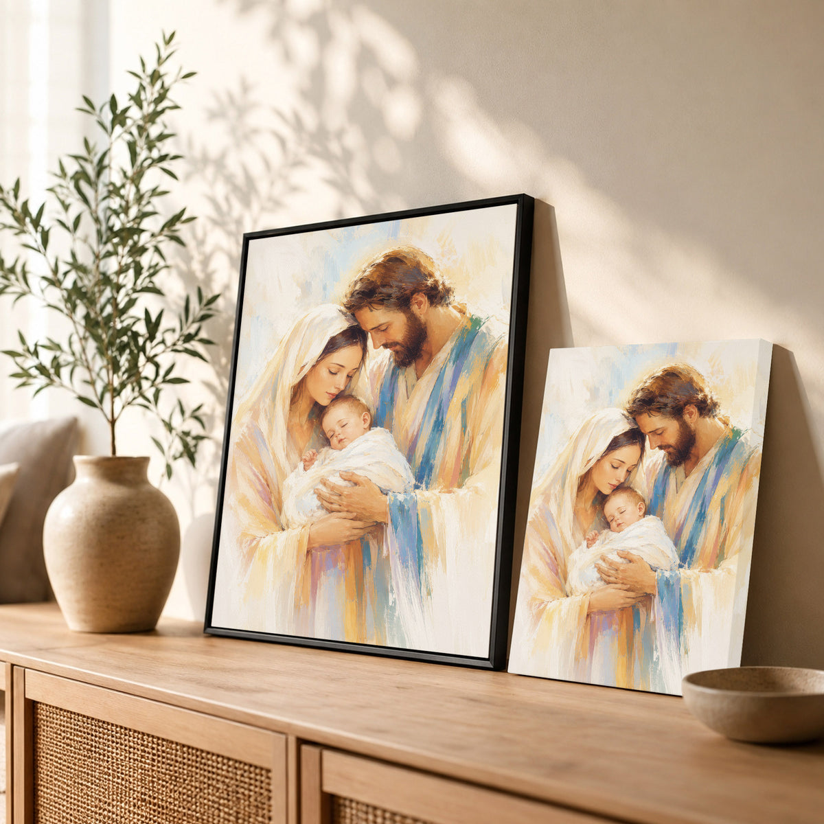 Holy Family with Infant Jesus Poster/Canvas – Soft Watercolor Christian Wall Art