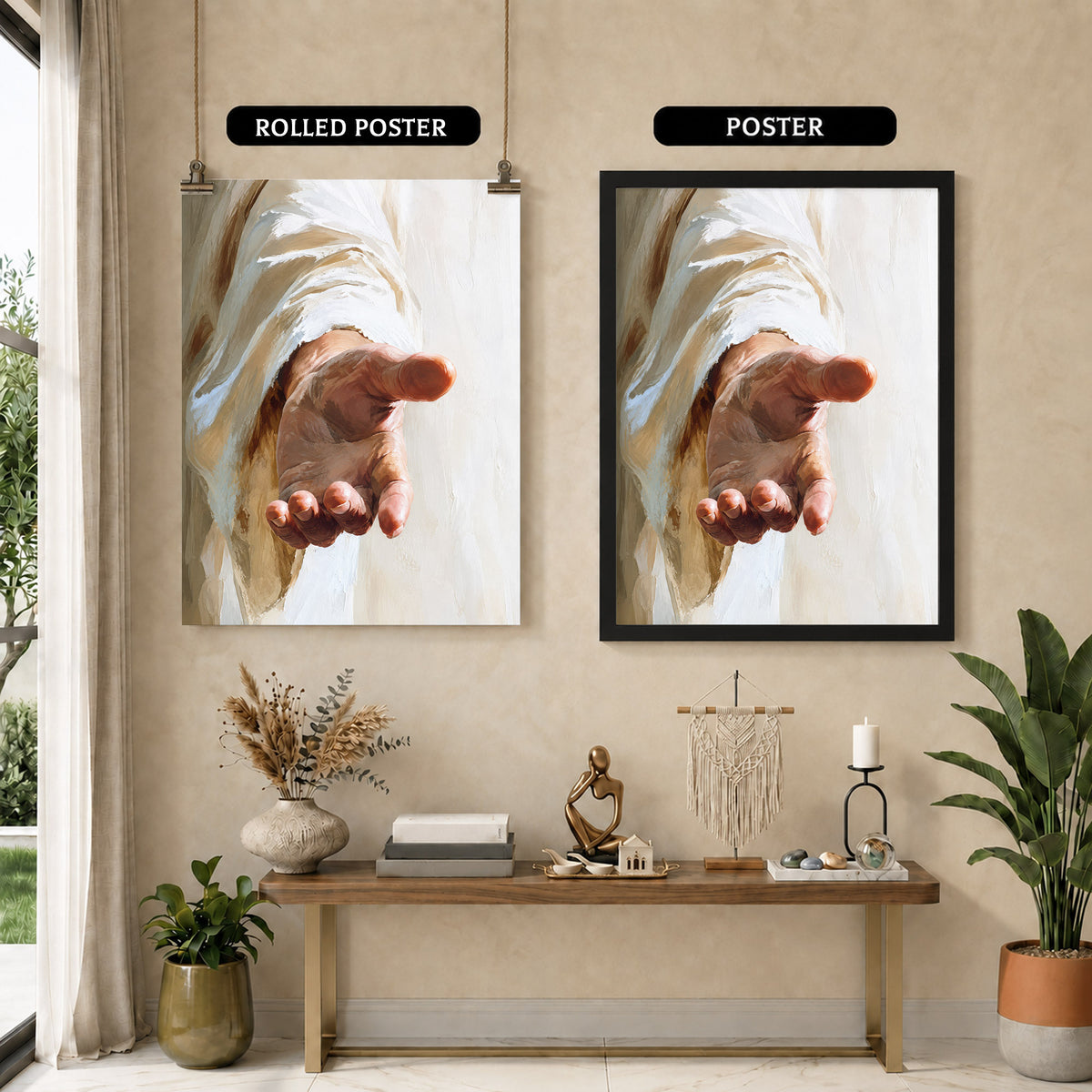 Jesus Reaching Hand Poster/Canvas – Christian Wall Art of Hope and Grace