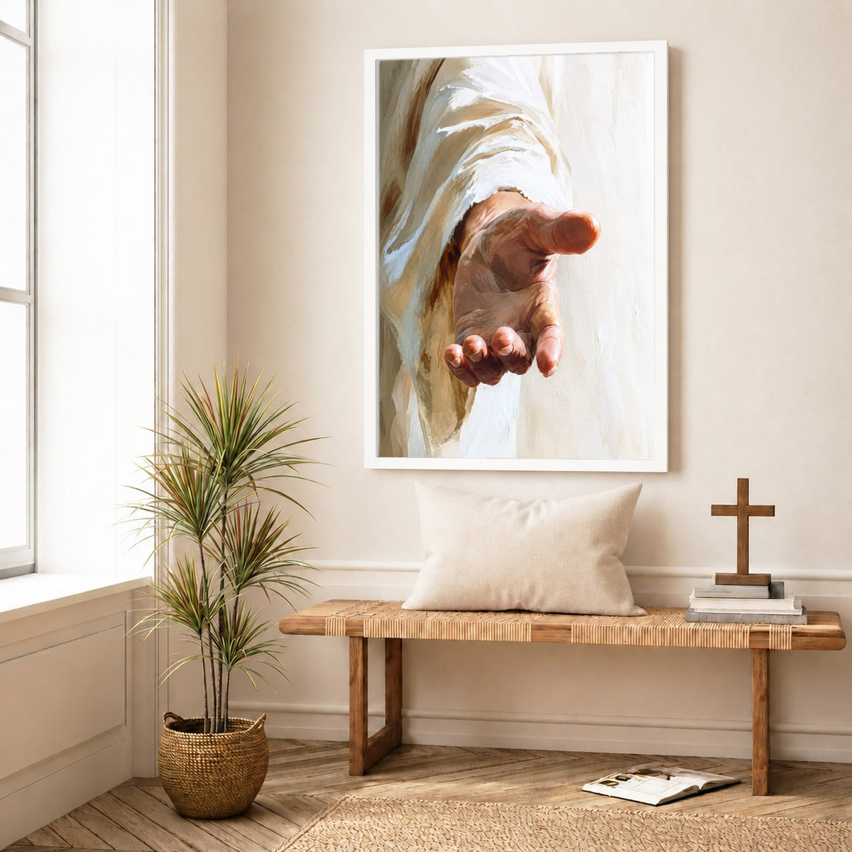 Jesus Reaching Hand Poster/Canvas – Christian Wall Art of Hope and Grace