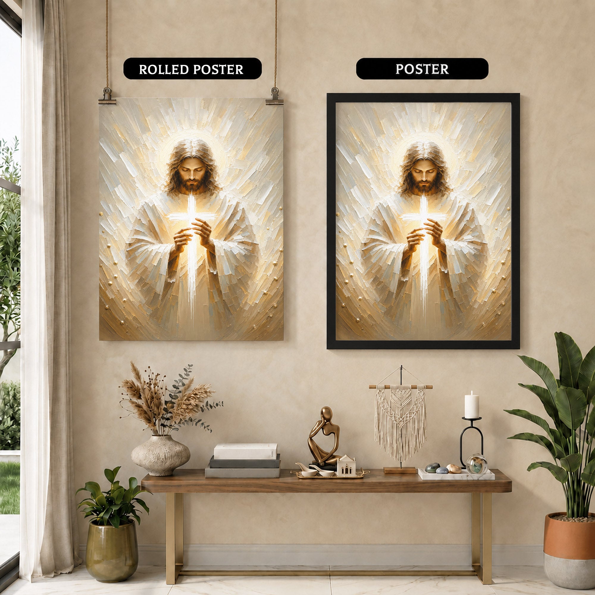 Jesus Christ Holding Cross Sacred Light Christian Wall Art Poster/Canvas