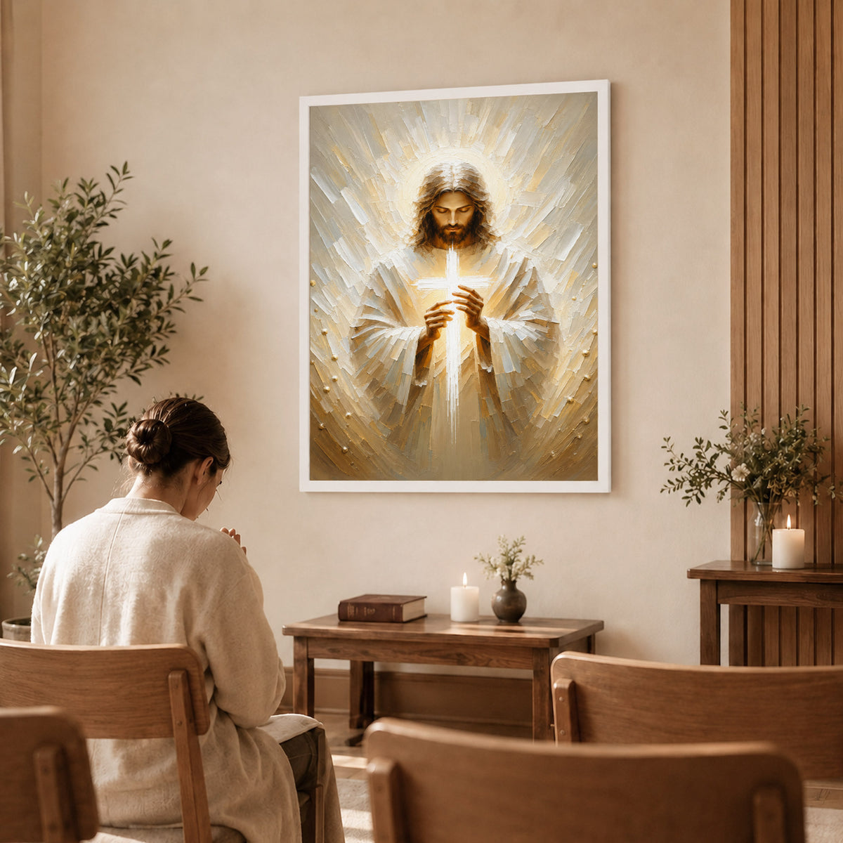 Jesus Christ Holding Cross Sacred Light Christian Wall Art Poster/Canvas