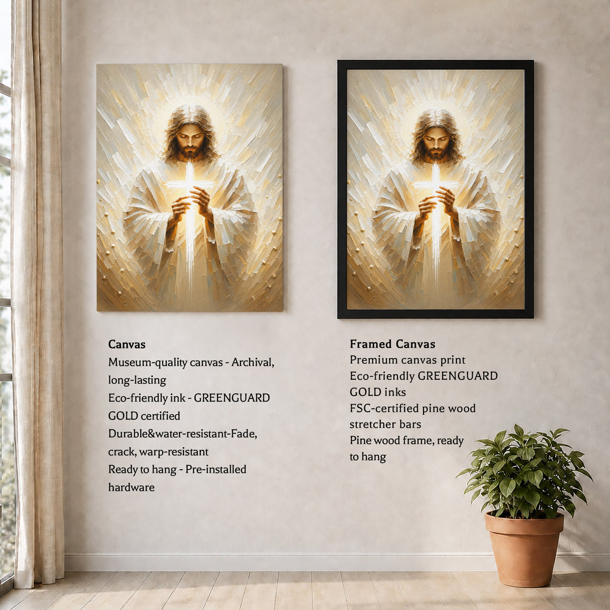 Jesus Christ Holding Cross Sacred Light Christian Wall Art Poster/Canvas