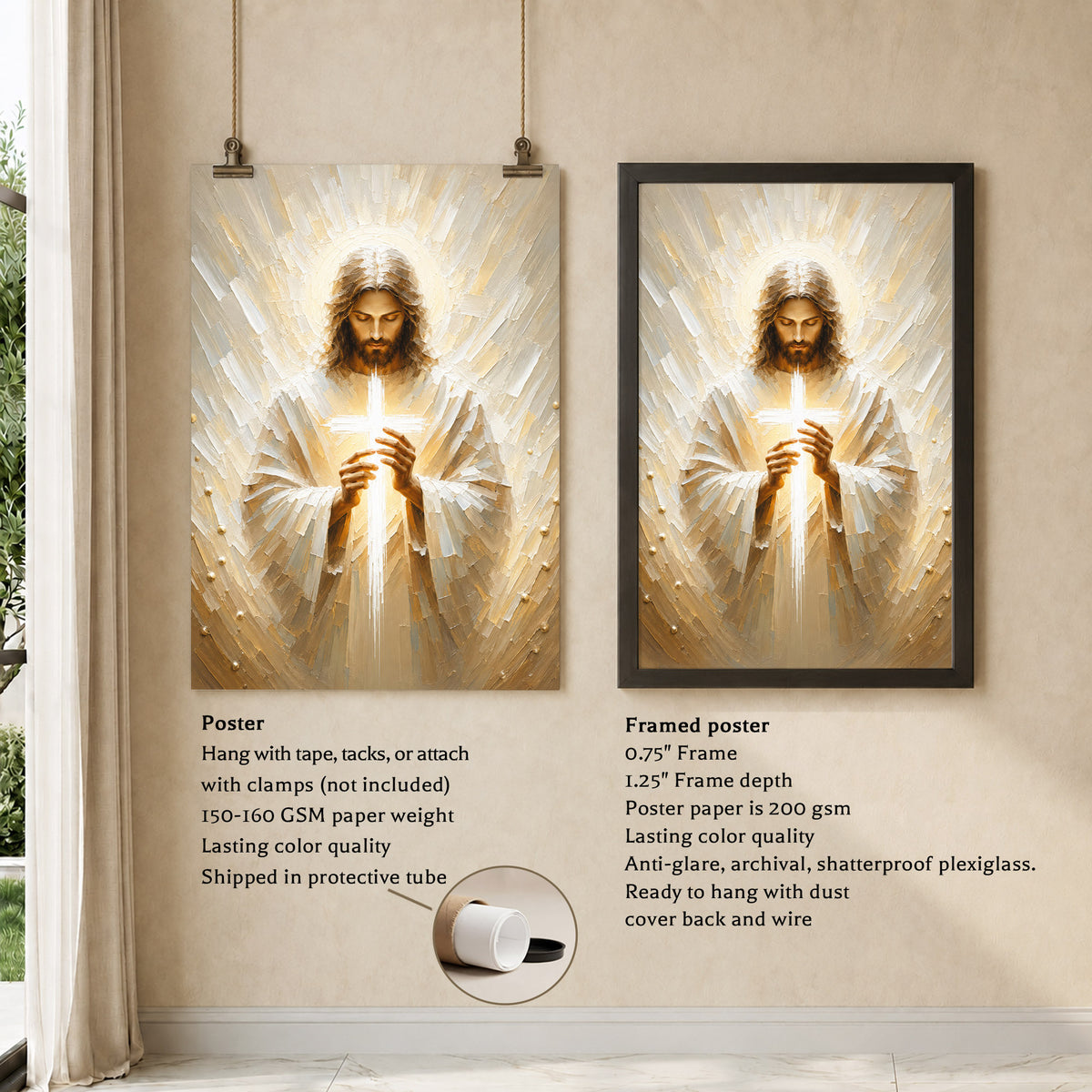Jesus Christ Holding Cross Sacred Light Christian Wall Art Poster/Canvas