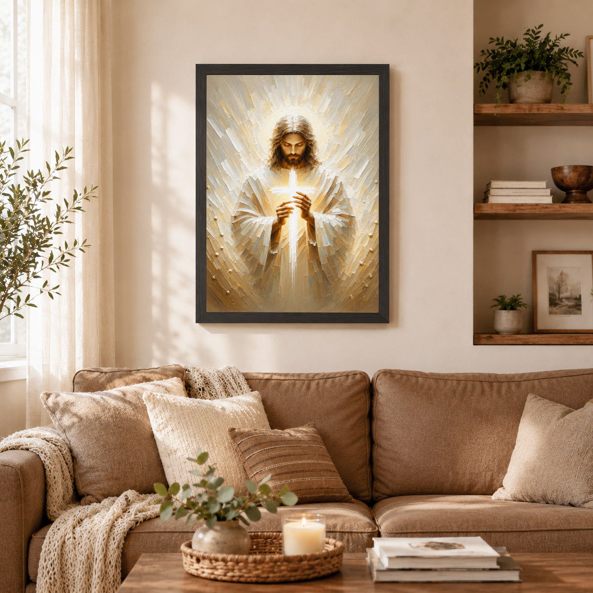 Jesus Christ Holding Cross Sacred Light Christian Wall Art Poster/Canvas