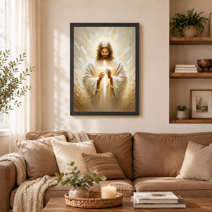 Jesus Christ Holding Cross Sacred Light Christian Wall Art Poster/Canvas