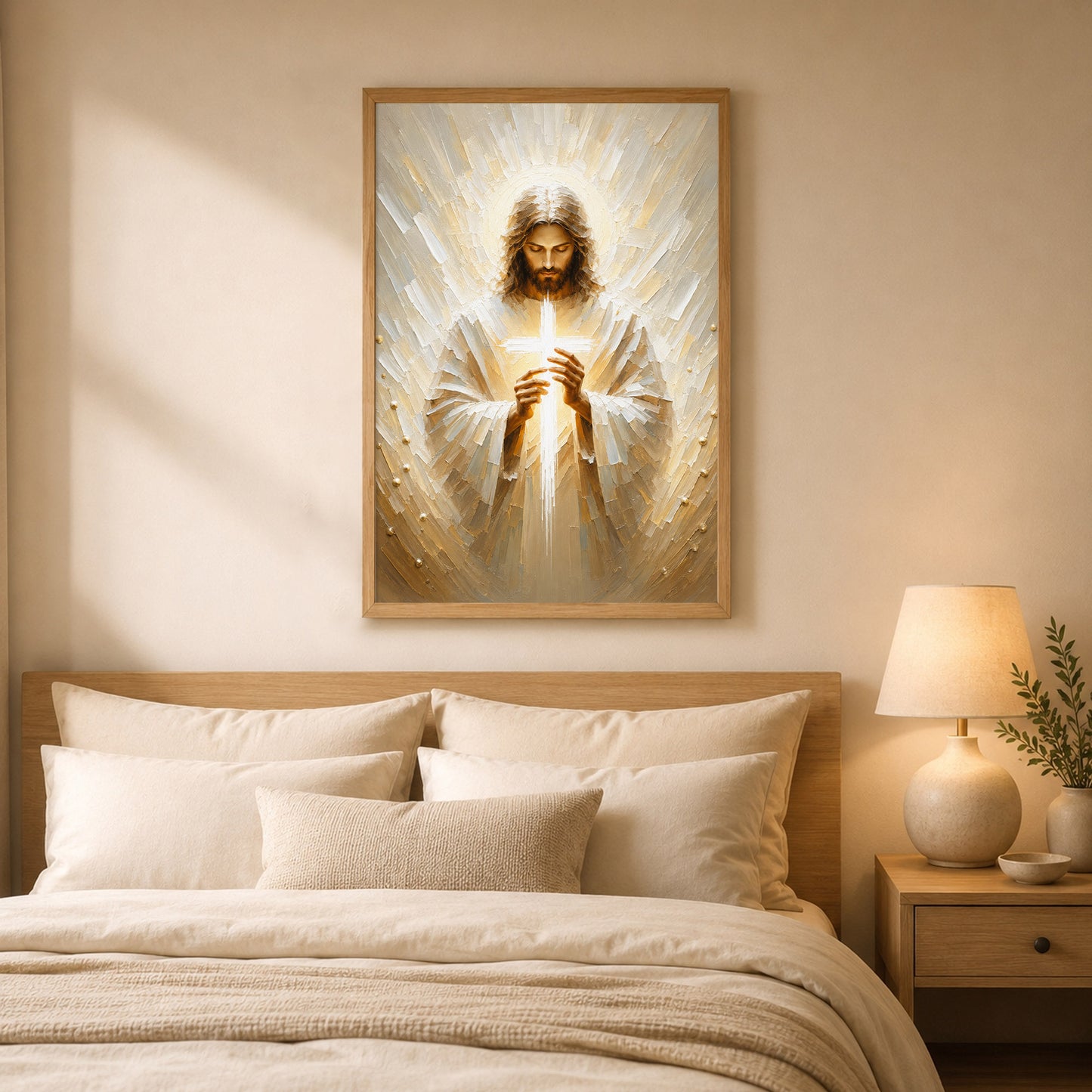 Jesus Christ Holding Cross Sacred Light Christian Wall Art Poster/Canvas