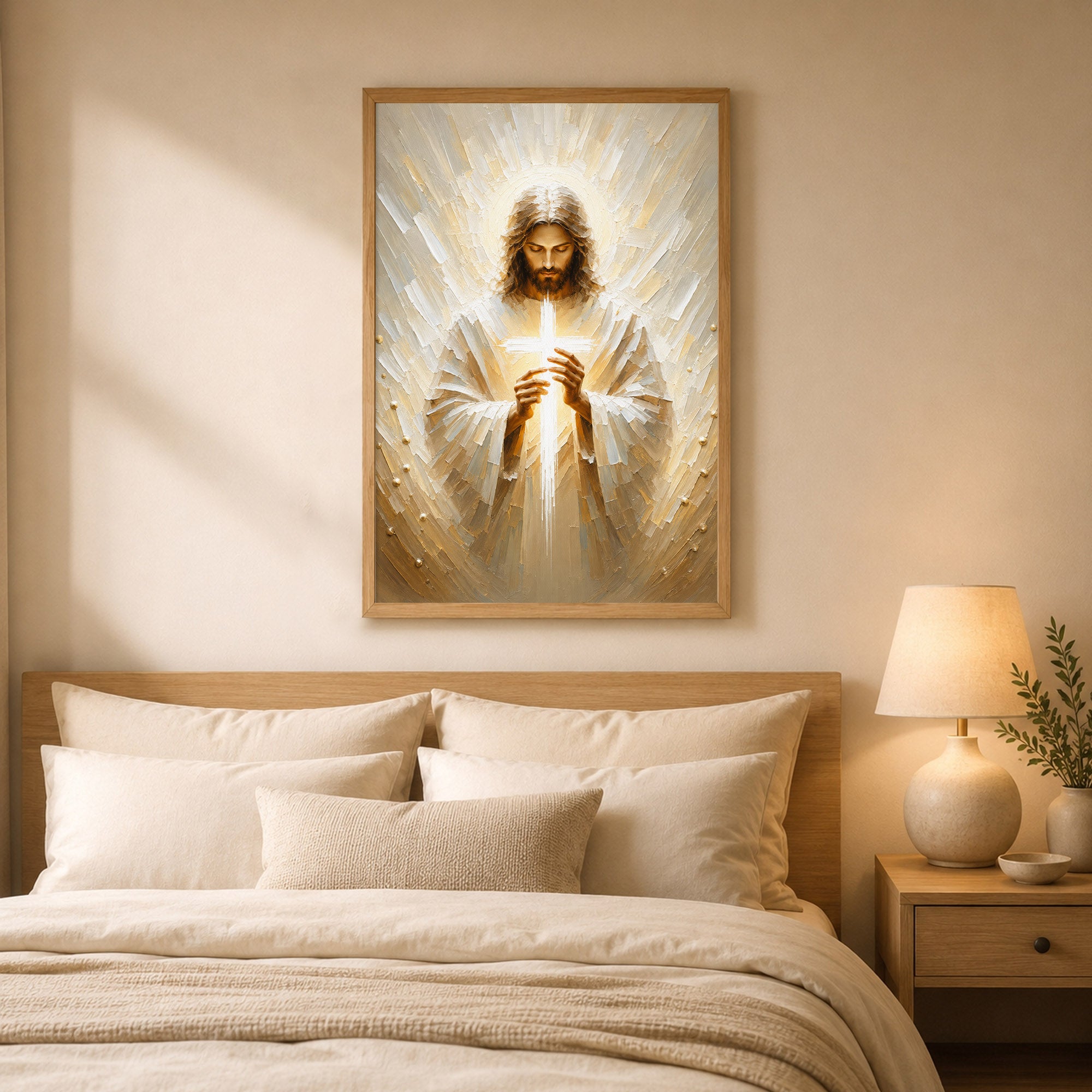 Jesus Christ Holding Cross Sacred Light Christian Wall Art Poster/Canvas
