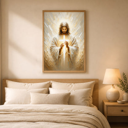 Jesus Christ Holding Cross Sacred Light Christian Wall Art Poster/Canvas