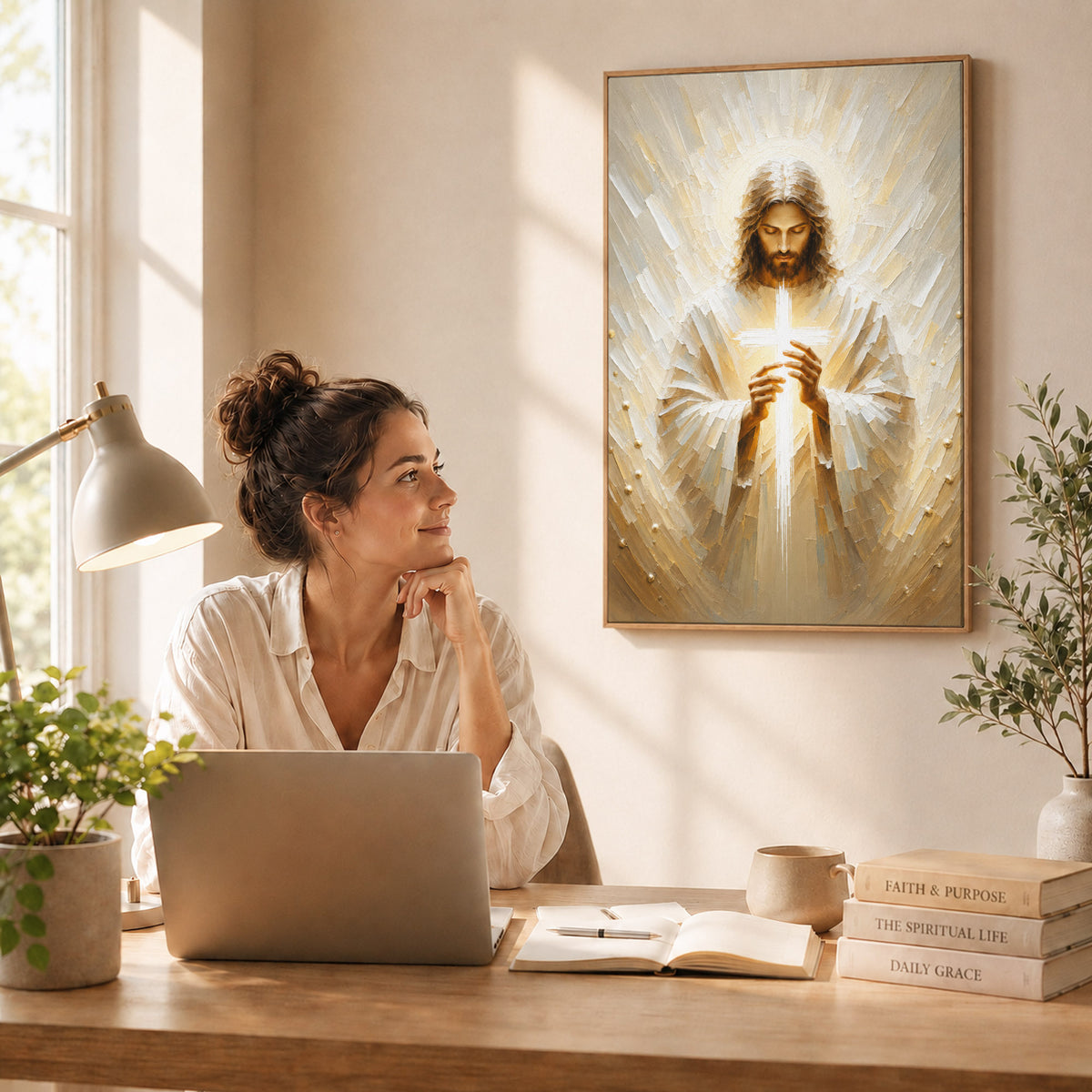 Jesus Christ Holding Cross Sacred Light Christian Wall Art Poster/Canvas