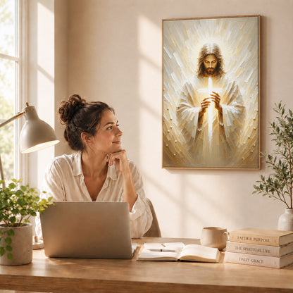 Jesus Christ Holding Cross Sacred Light Christian Wall Art Poster/Canvas