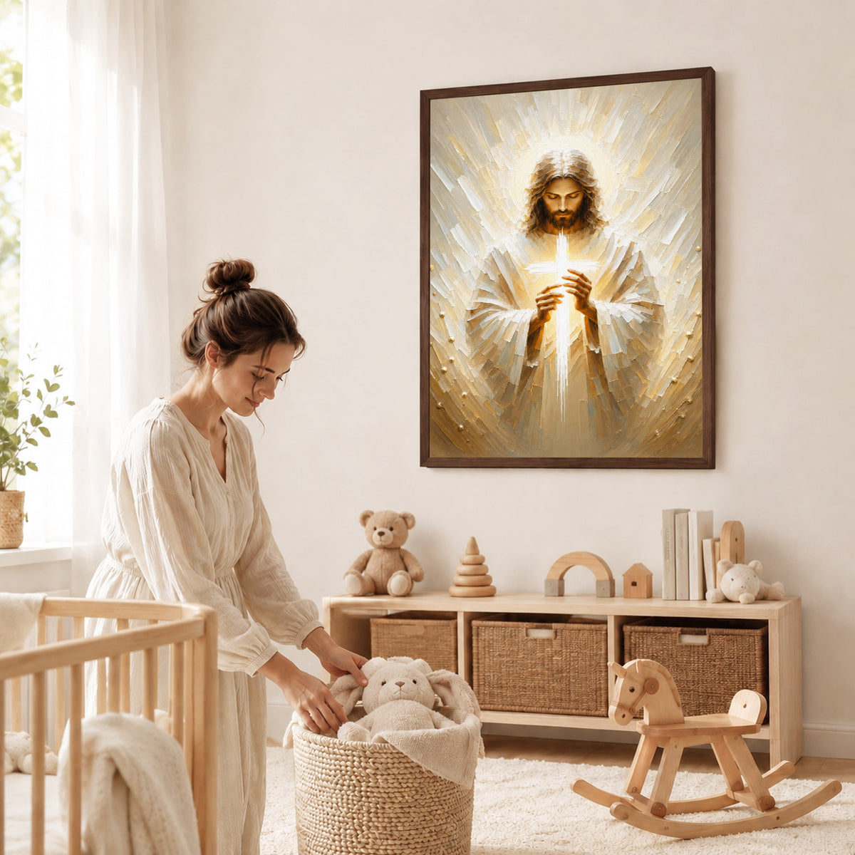 Jesus Christ Holding Cross Sacred Light Christian Wall Art Poster/Canvas