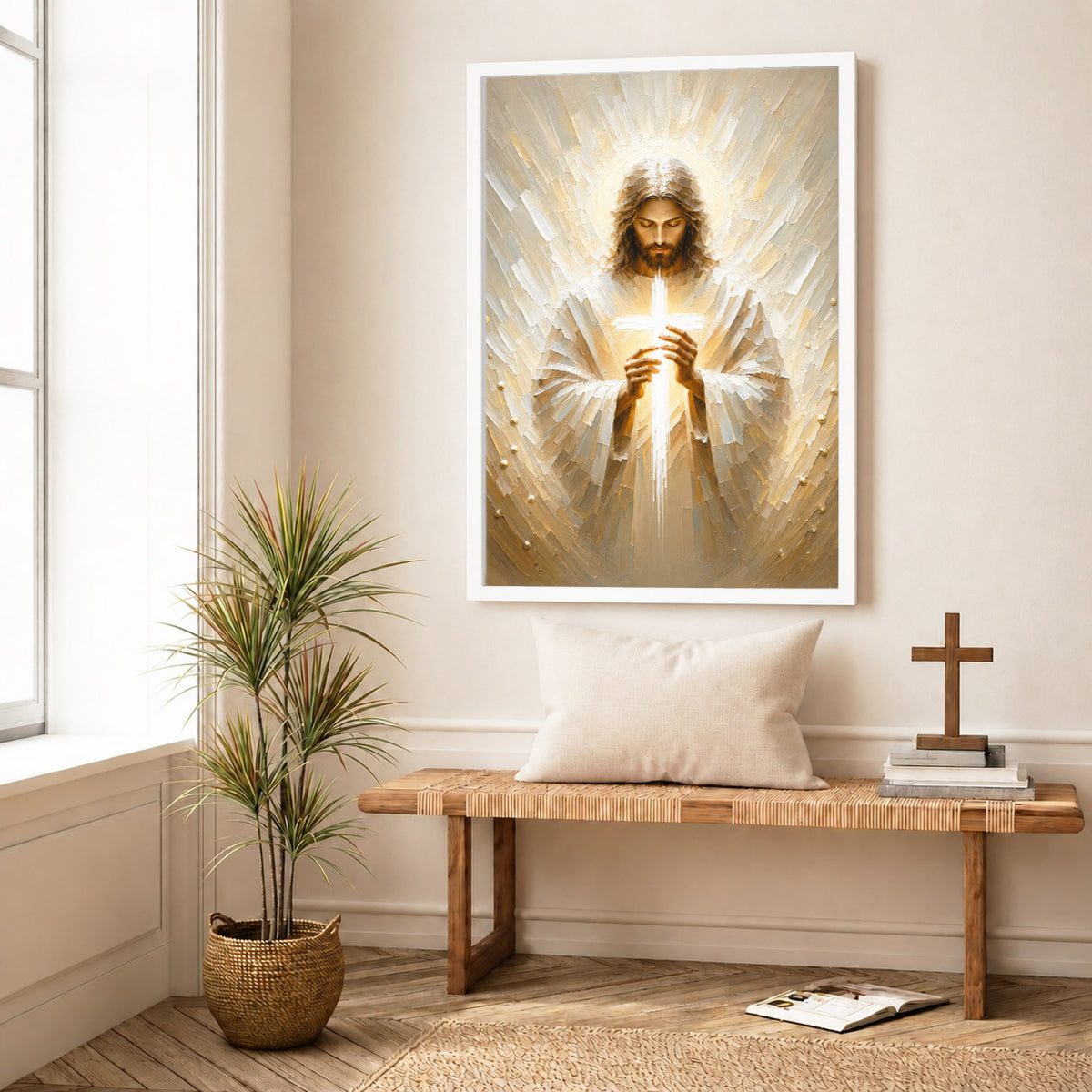 Jesus Christ Holding Cross Sacred Light Christian Wall Art Poster/Canvas