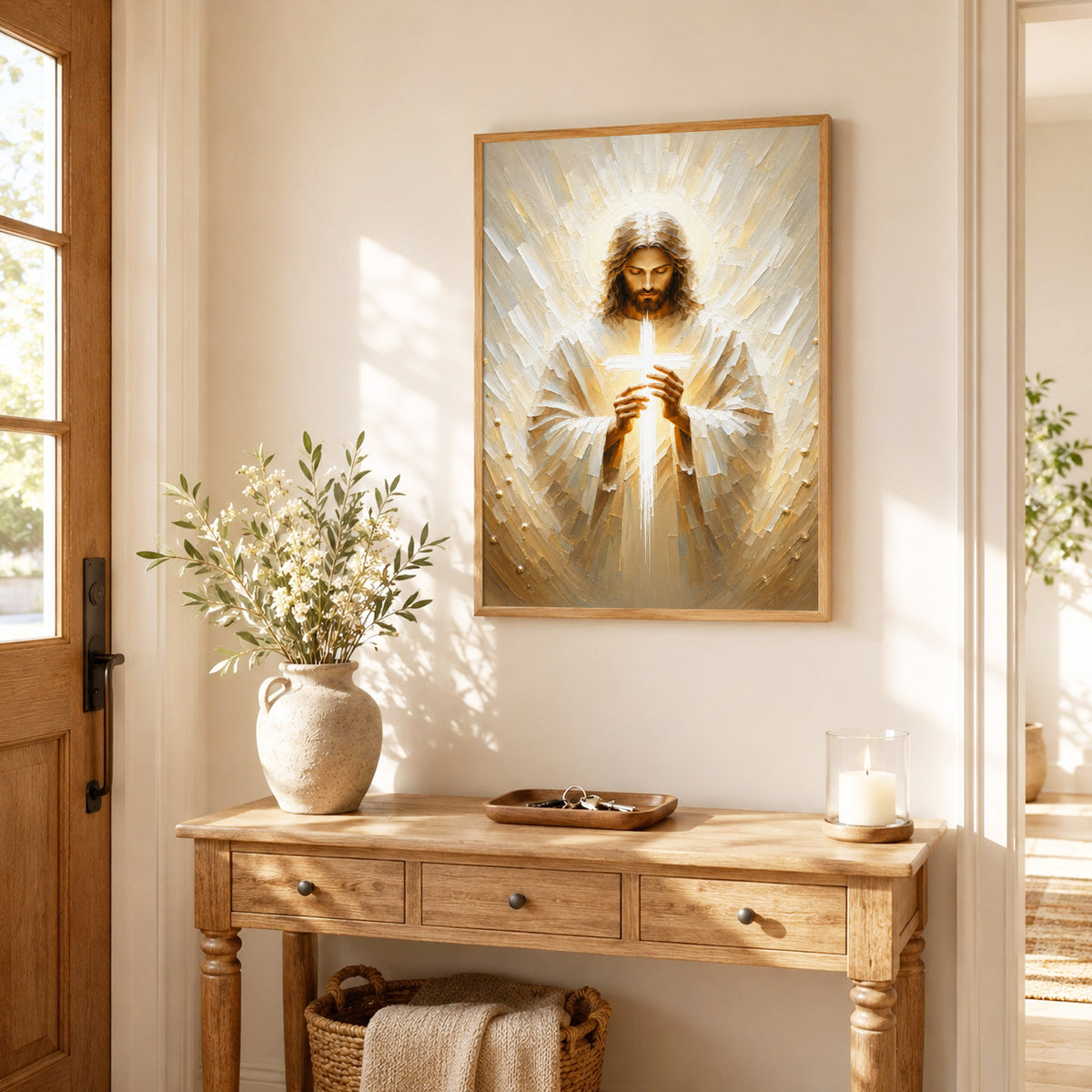 Jesus Christ Holding Cross Sacred Light Christian Wall Art Poster/Canvas