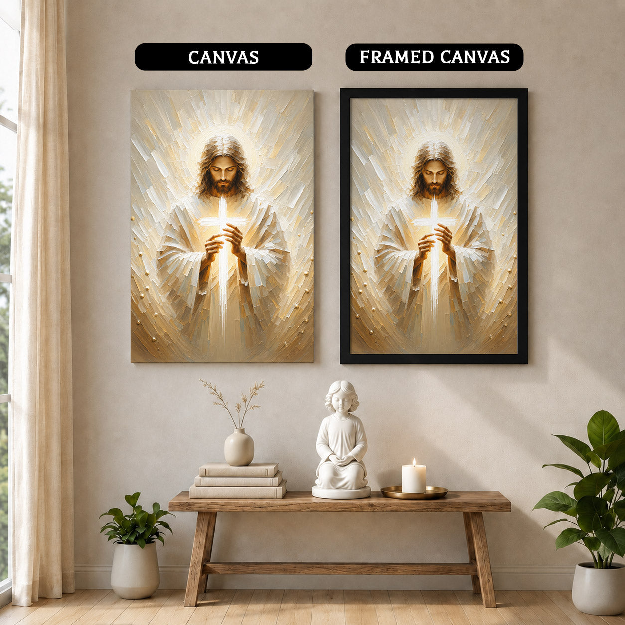 Jesus Christ Holding Cross Sacred Light Christian Wall Art Poster/Canvas