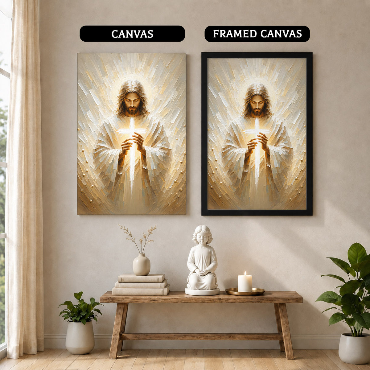 Jesus Christ Holding Cross Sacred Light Christian Wall Art Poster/Canvas