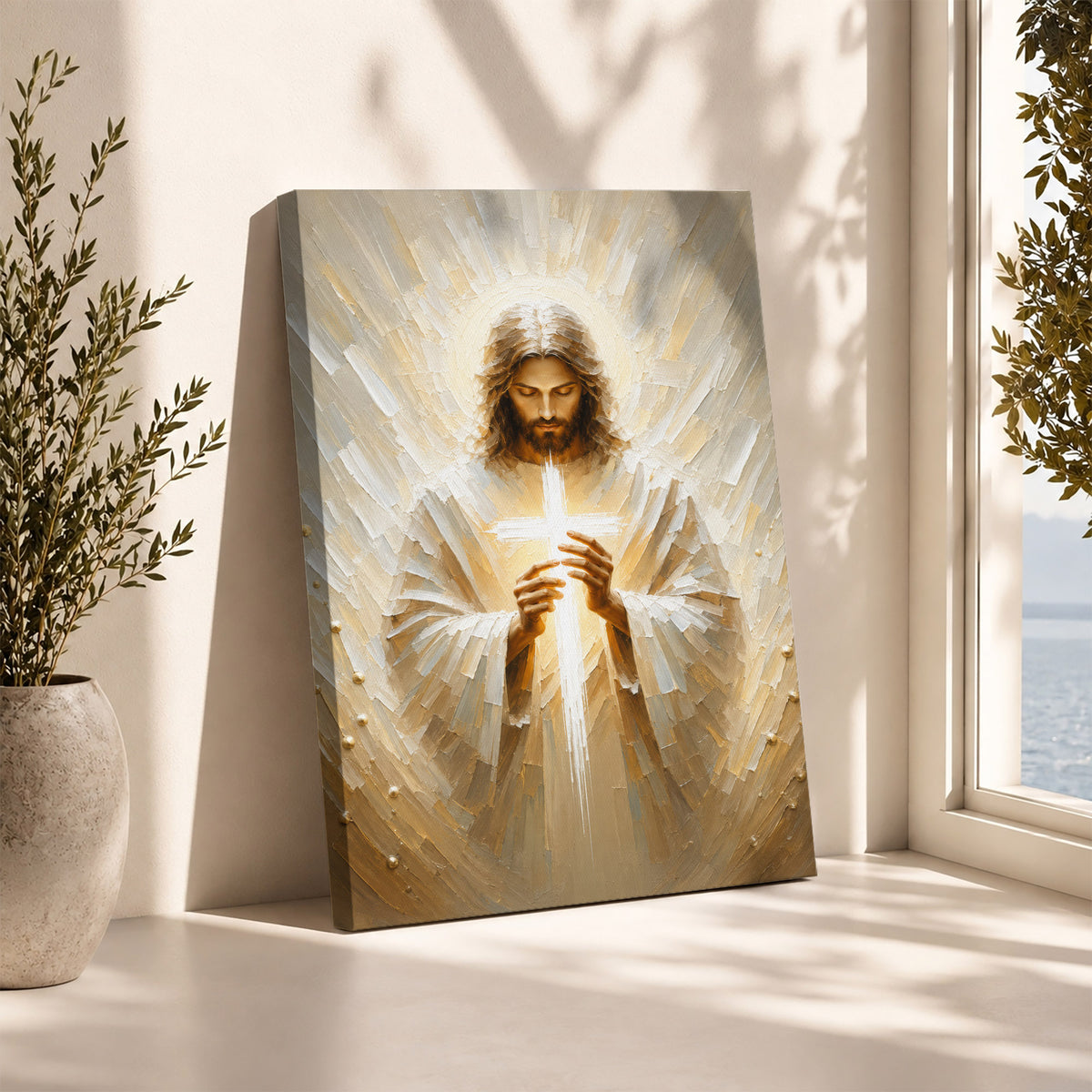 Jesus Christ Holding Cross Sacred Light Christian Wall Art Poster/Canvas