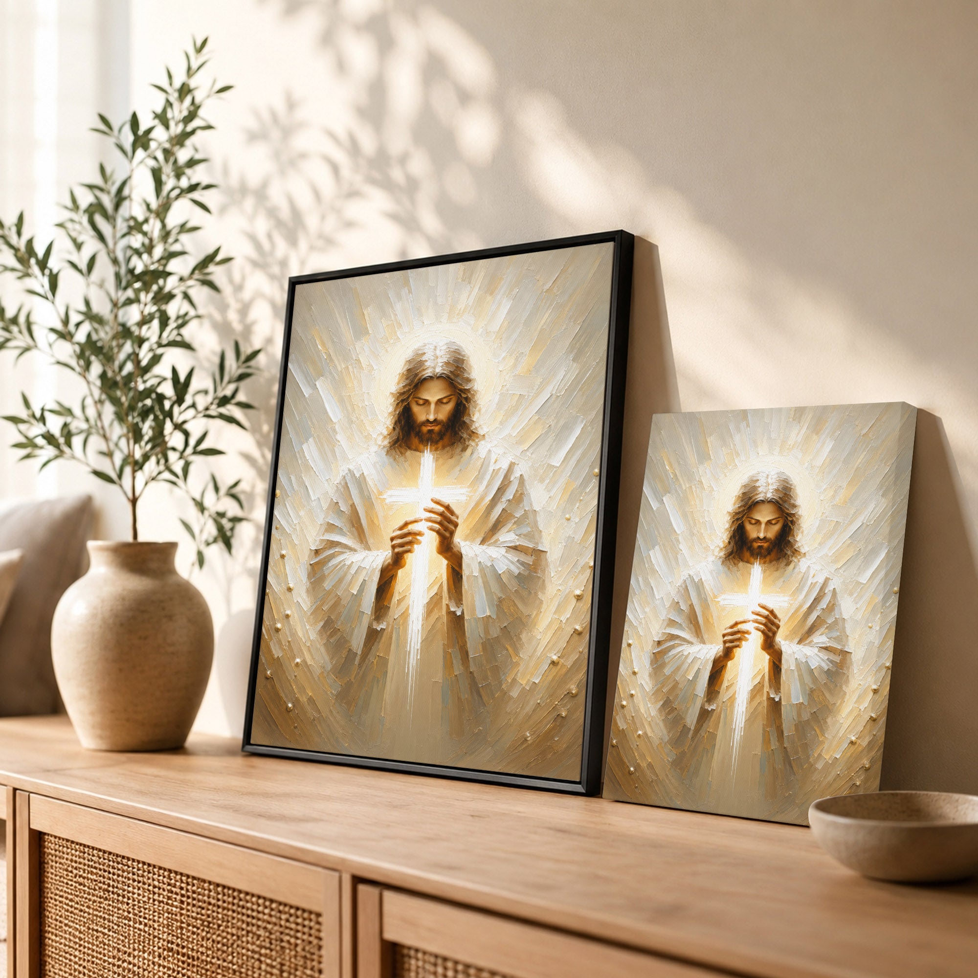 Jesus Christ Holding Cross Sacred Light Christian Wall Art Poster/Canvas