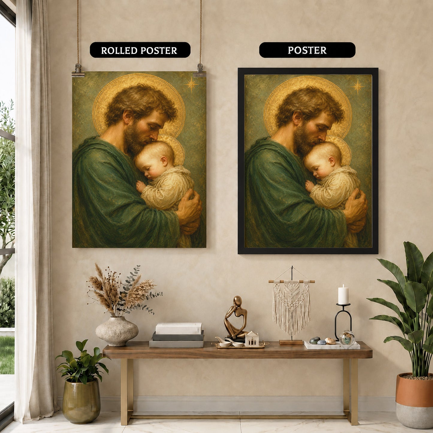 Saint Joseph Holding Baby Jesus Poster/Canvas – Catholic Fatherhood Wall Art