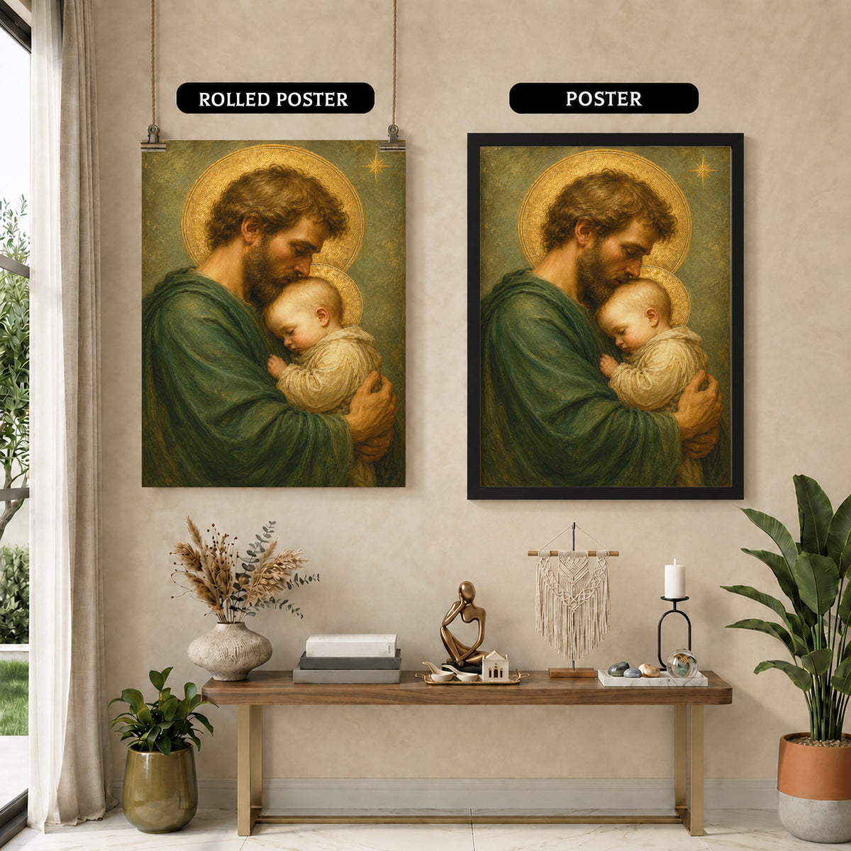 Saint Joseph Holding Baby Jesus Poster/Canvas – Catholic Fatherhood Wall Art