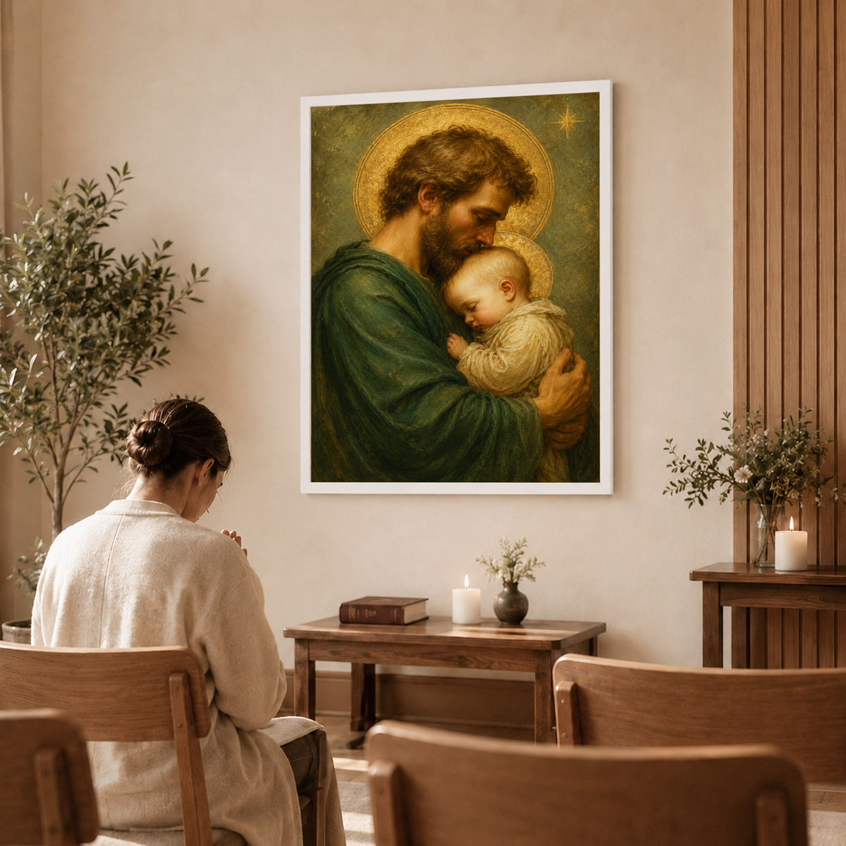 Saint Joseph Holding Baby Jesus Poster/Canvas – Catholic Fatherhood Wall Art