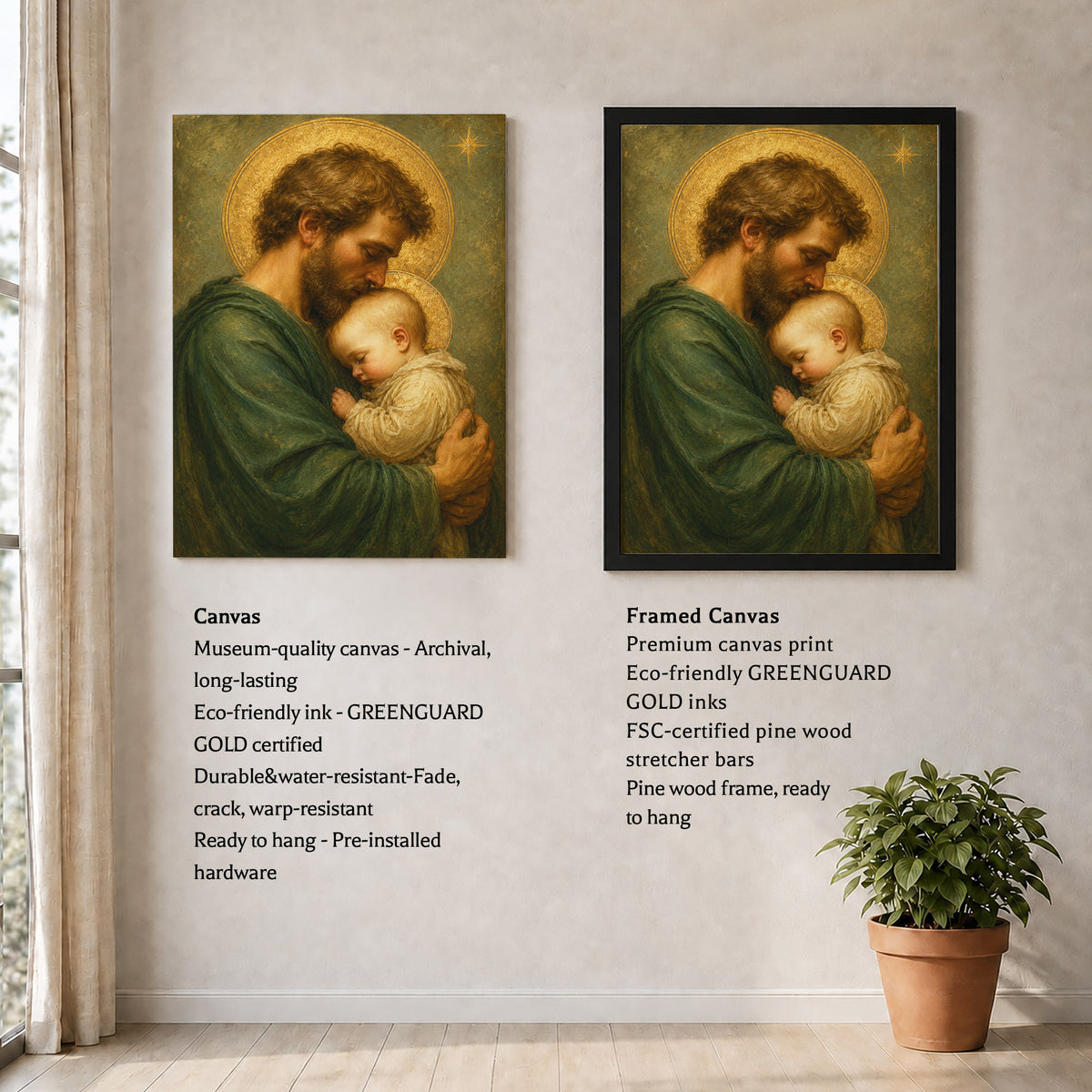 Saint Joseph Holding Baby Jesus Poster/Canvas – Catholic Fatherhood Wall Art