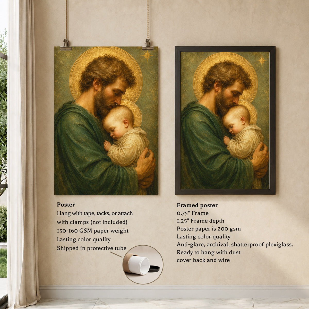 Saint Joseph Holding Baby Jesus Poster/Canvas – Catholic Fatherhood Wall Art