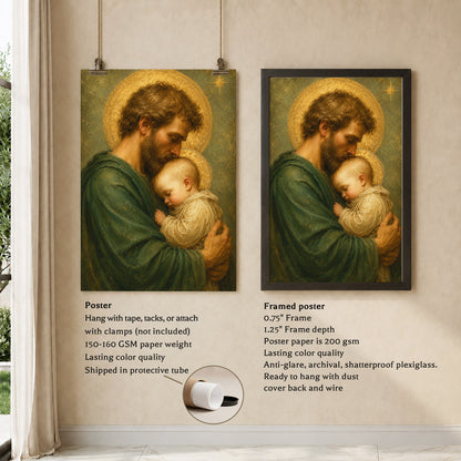 Saint Joseph Holding Baby Jesus Poster/Canvas – Catholic Fatherhood Wall Art