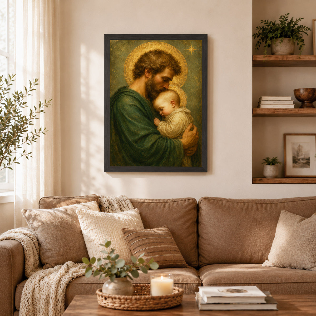 Saint Joseph Holding Baby Jesus Poster/Canvas – Catholic Fatherhood Wall Art