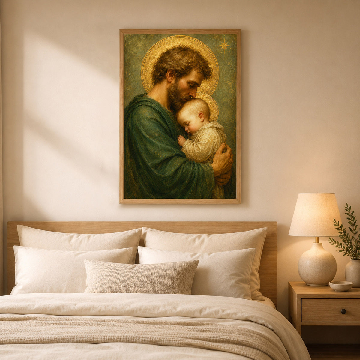 Saint Joseph Holding Baby Jesus Poster/Canvas – Catholic Fatherhood Wall Art