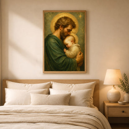 Saint Joseph Holding Baby Jesus Poster/Canvas – Catholic Fatherhood Wall Art