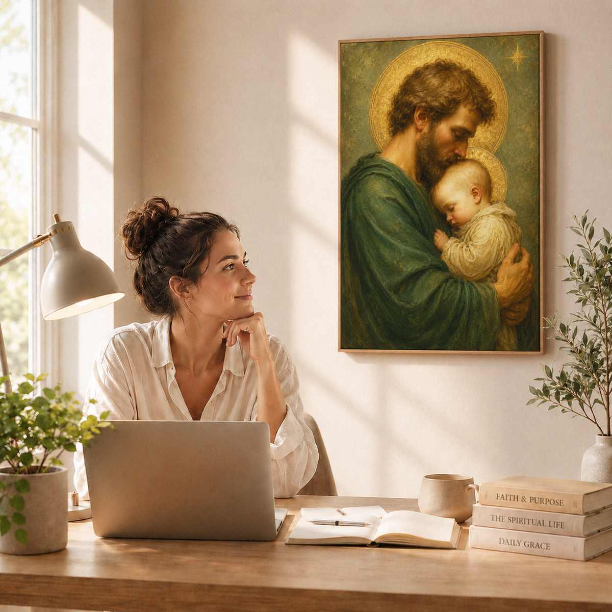 Saint Joseph Holding Baby Jesus Poster/Canvas – Catholic Fatherhood Wall Art