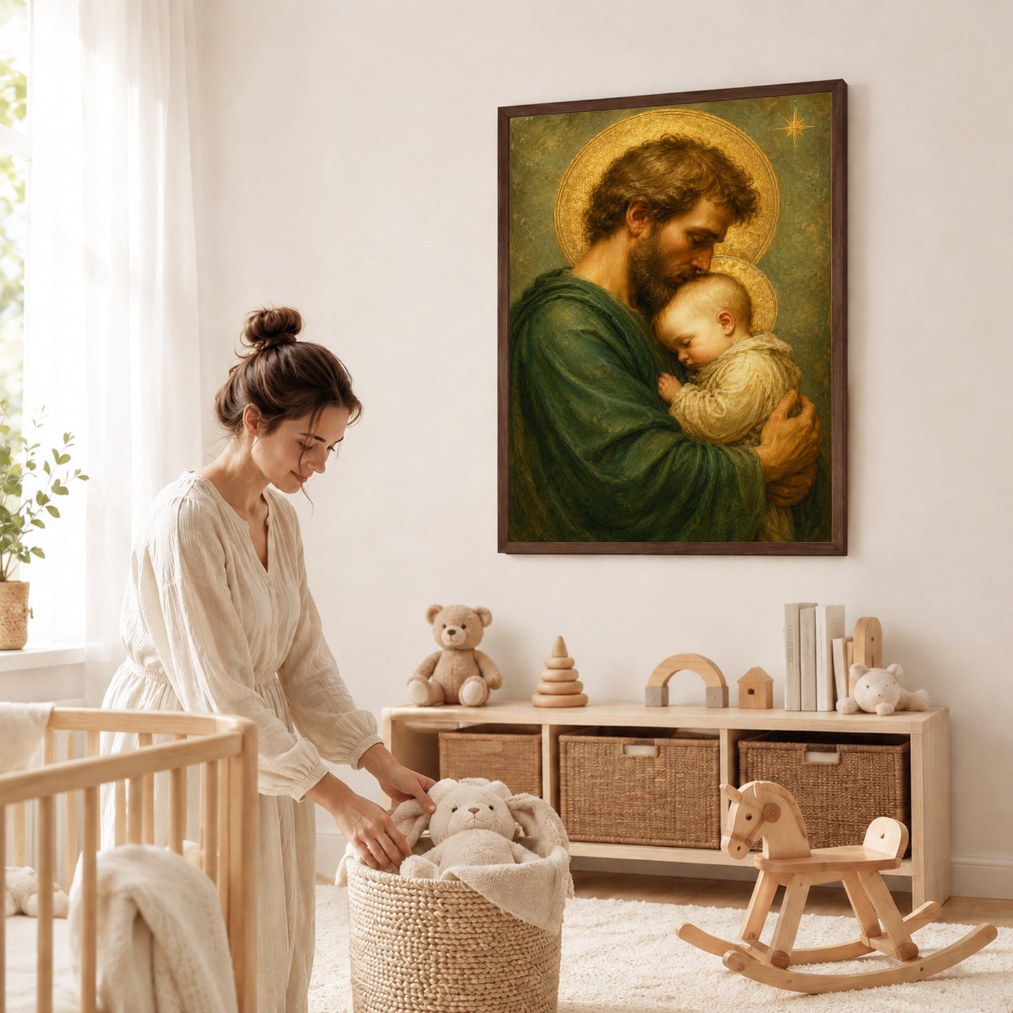 Saint Joseph Holding Baby Jesus Poster/Canvas – Catholic Fatherhood Wall Art
