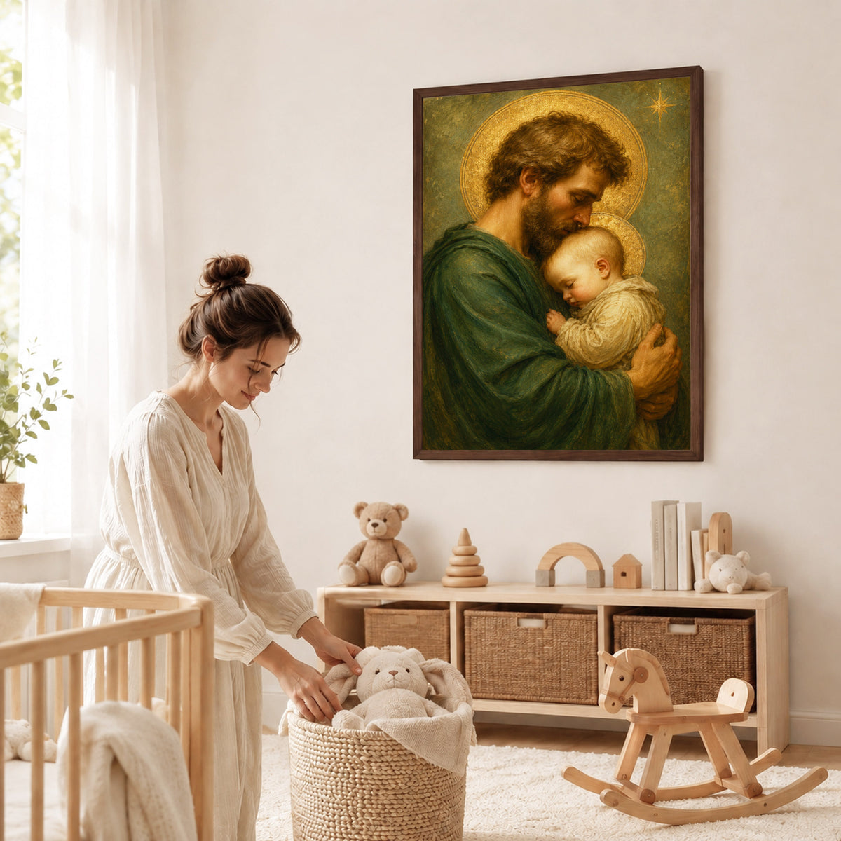Saint Joseph Holding Baby Jesus Poster/Canvas – Catholic Fatherhood Wall Art