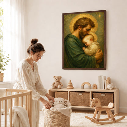 Saint Joseph Holding Baby Jesus Poster/Canvas – Catholic Fatherhood Wall Art