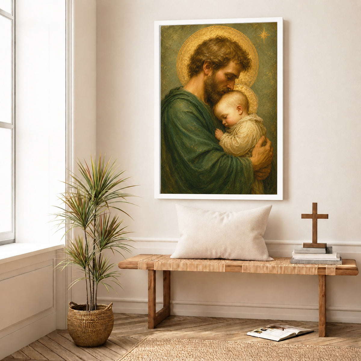 Saint Joseph Holding Baby Jesus Poster/Canvas – Catholic Fatherhood Wall Art