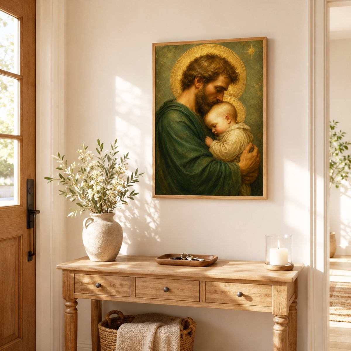 Saint Joseph Holding Baby Jesus Poster/Canvas – Catholic Fatherhood Wall Art