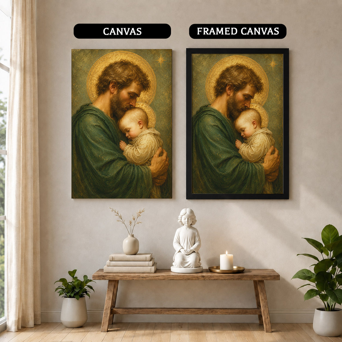 Saint Joseph Holding Baby Jesus Poster/Canvas – Catholic Fatherhood Wall Art