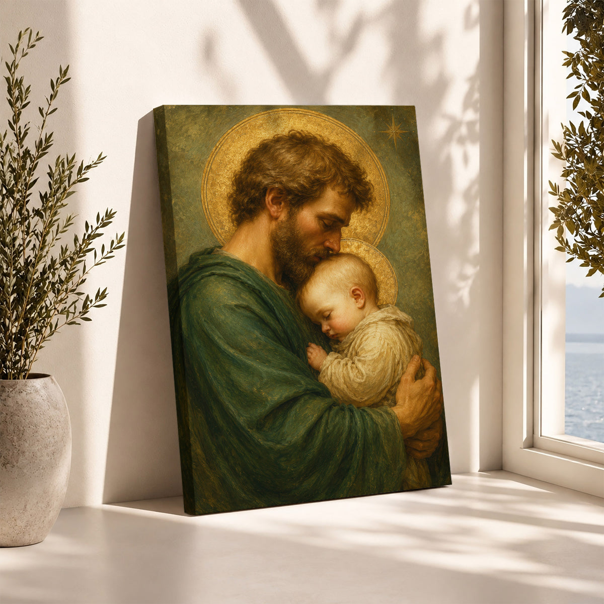 Saint Joseph Holding Baby Jesus Poster/Canvas – Catholic Fatherhood Wall Art