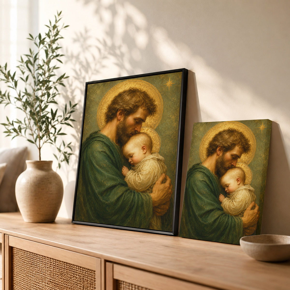Saint Joseph Holding Baby Jesus Poster/Canvas – Catholic Fatherhood Wall Art