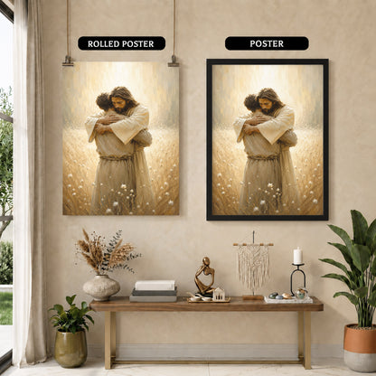 Jesus Christ Safe in His Arms Christian Wall Art Poster/Canvas